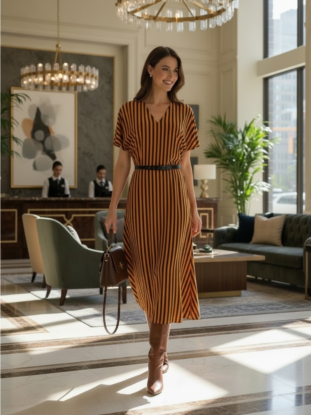 MaxMara Studio Viscose Striped Belted Maxi Dress Orange Brown M